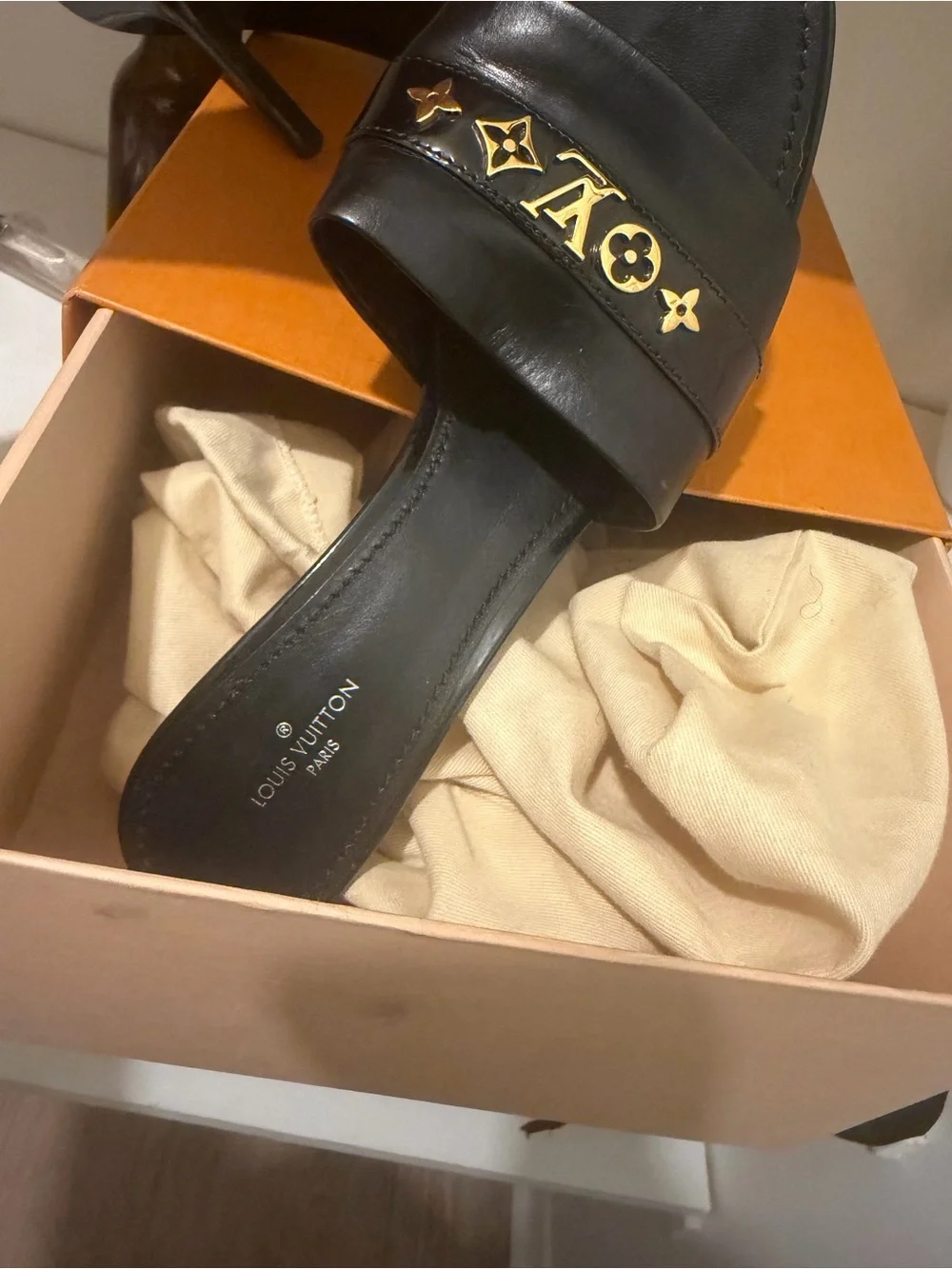 Louis Vuitton Black Leather Mule Sandals with Gold Logo Accents